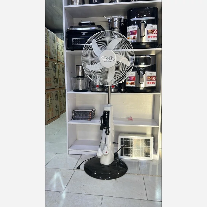 پنکه شارژی ایستاده 16 اینچ دارای پنل خورشیدی و دو لامپ سیار