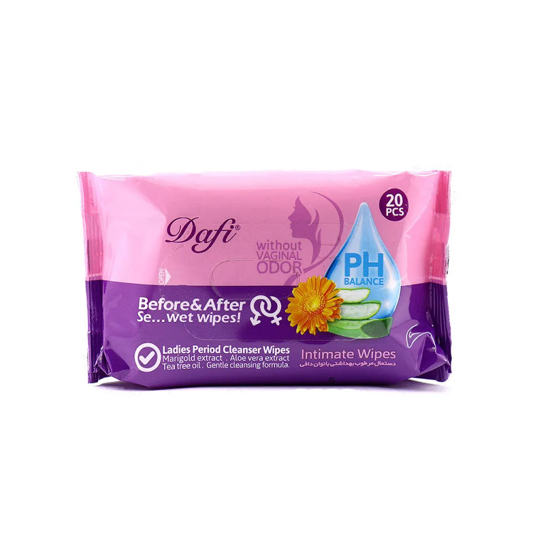دستمال مرطوب بهداشتی دافی مخصوص بانوان تعداد 20 عددی (پس کرایه)