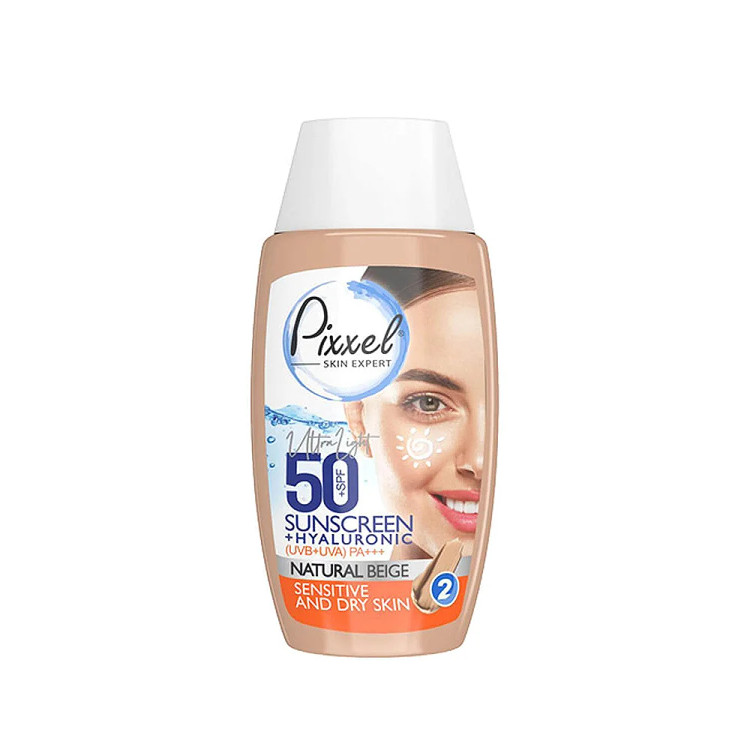 کرم ضد آفتاب رنگ بژ طبیعی مناسب پوست های خشک تا نرمال و حساس با SPF 50 پیکسل (پس کرایه)